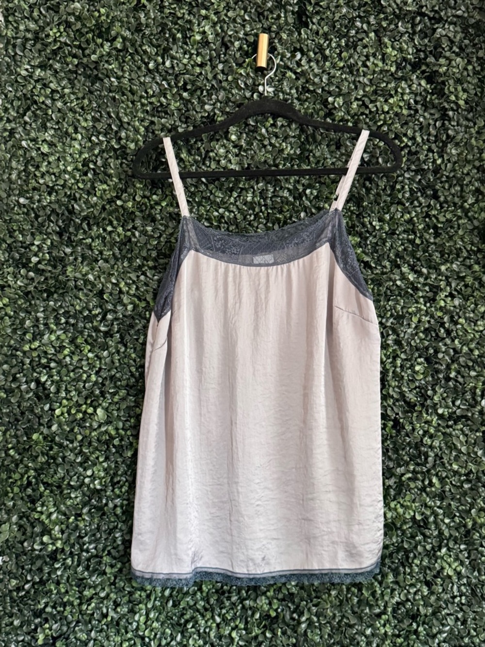CAbi Silvery-gray Camisole with Navy Lace Trim